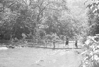 Crossing a stream en route to the canopy tour — Carara National Park. Photo: Premo