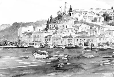 Layered up the hill from the waterfront is the town of Poros (on the island of Poros) in this Pamela Rogers watercolor.