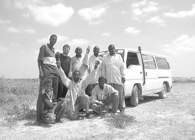 Temporarily drafted into a Somalian “technical” unit, Veley is second from left, back row.  In the van, he found an AK-47 at his feet.