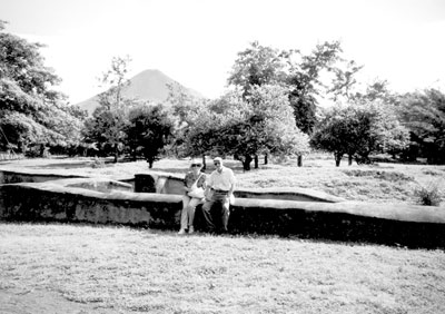 Joe and Margo Spears enjoy the ruins at León Viejo, a UNESCO World Heritage Site, with Momotombo Volcano in the background.