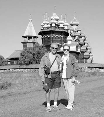 Ken and Connie Doty at Kizhi’s 300-year-old wooden cathedral.