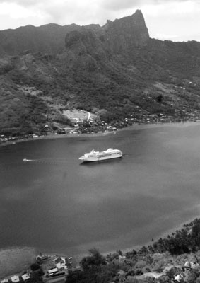 The Paul Gauguin, as seen from a helicopter, anchored near Moorea.
