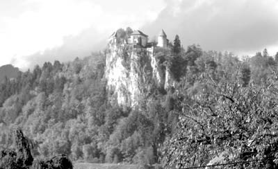 Bled Castle (11th century) overlooks Lake Bled and the town of Bled. 