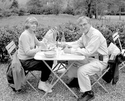 Carol and Harlan Hague pause for a spot of tea at Giverny.