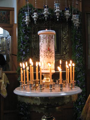 Candles inside the main church at New Valamo Monastery 