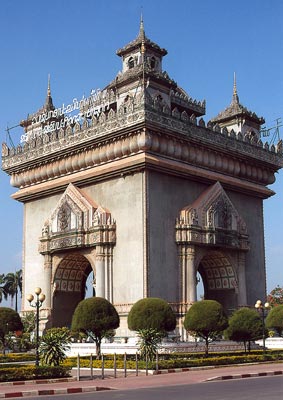 Patuxai is the 4-sided monument patterned after the Arc de Triomphe in Paris.