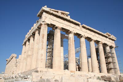 Routine maintenance detracts from the view of the Parthenon in Athens.