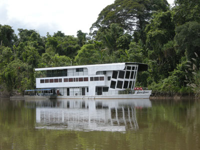 The Sepik Spirit, the comfortable houseboat that took us far down the legendary river to visit isolated villages.