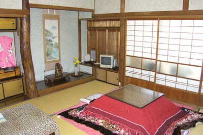 The traditional tatami living room of our suite at the Hoshi Ryokan.
