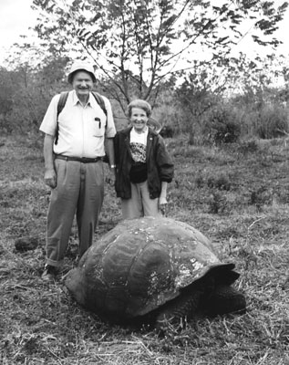 Otto and Martha Wiederkehr with a giant tortoise.