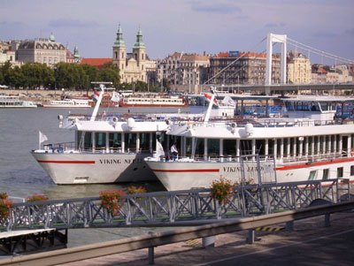 Traffic jam on the Danube in Budapest, with the Viking Neptune’s sister ships in the foreground.