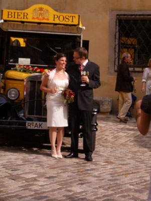 In Regensburg, Germany, we came across this wedding reception in front of the main cathedral. The couple’s getaway car was a cute VW convertible.