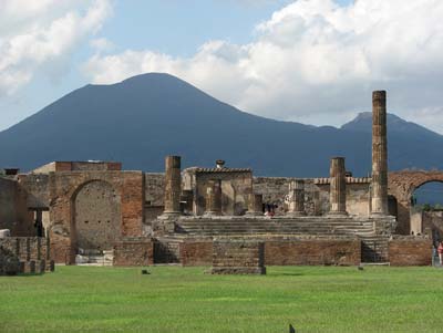The ruins of Pompeii’s Forum, with Mt. Vesuvius clearly visible in the background.