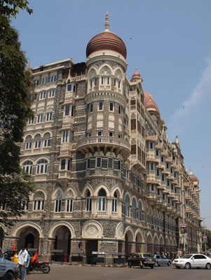 The Taj Mahal Palace Hotel still shows damage from the November ’08 terrorist attack.