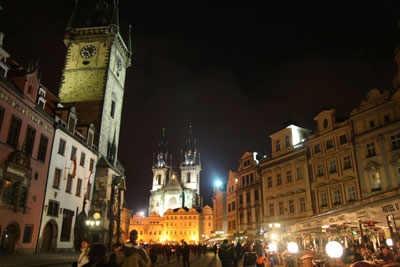 Prague’s Old Town Square at night.