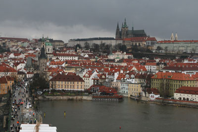 St. Vitus Cathedral as seen from atop one of the towers on Prague’s Charles Bridge.