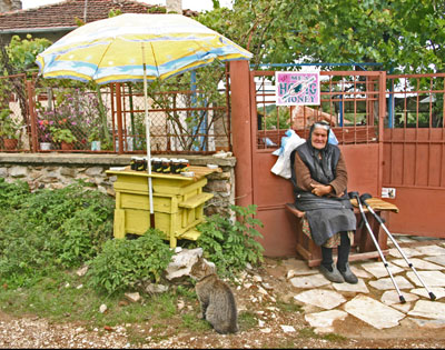 A woman selling honey in Brashlyan, Bulgaria.