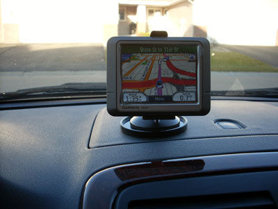The Garmin nüvi 270 GPS unit mounted on our dashboard. Photo: Anderson