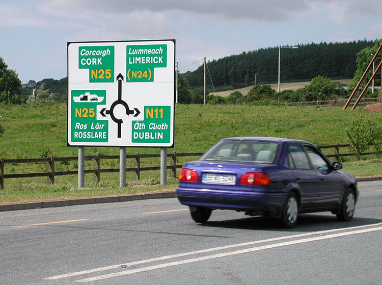 When approaching a roundabout in the British Isles, drivers often see a sign that charts the exits. Photo: Steves 