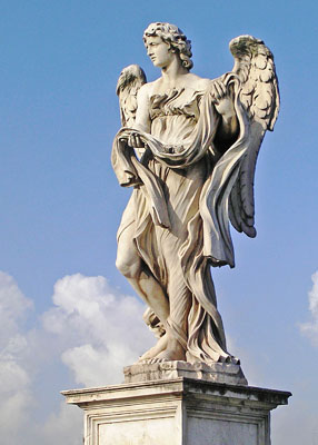 Note dice in garment held by this angel on Ponte Sant’Angelo.