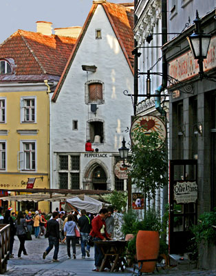 A small street off the Old Town main square in Tallinn, Estonia.