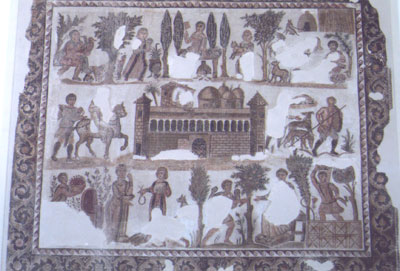 Mosaic from a Roman villa showing the villa plus activities associated with it — Bardo Museum, Tunis.