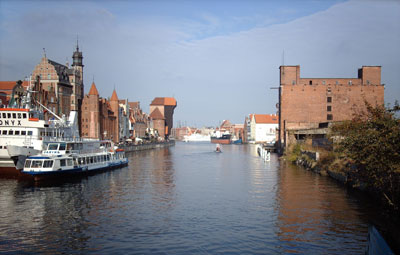 Gdańsk’s Radunia Canal, with the Great Crane visible in the distance (on the left).