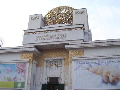 Vienna’s Secession building, topped by a dome of golden laurel leaves, houses the famous “Beethoven Frieze” by Gustav Klimt.