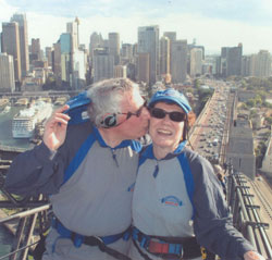 Alan and Arlene Lichtenstein atop the Sydney Harbour Bridge. Photo: BridgeClimb