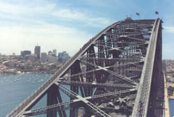 A view of the Sydney Harbour Bridge from the Pylon Lookout. Note groups of climbers on either side. Photo: Lichtenstein