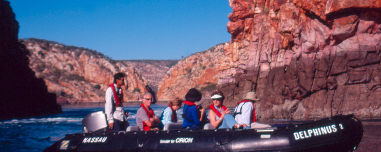 A Zodiac inflatable boat at the headwater of the Horizontal Falls.
