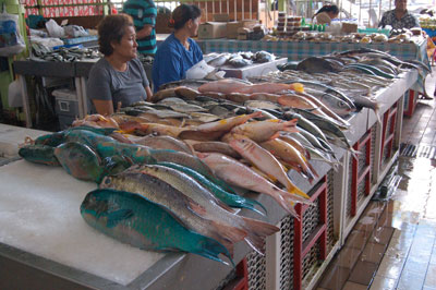 Bright-turquoise parrotfish are among the varieties of fresh fish for sale at the central market in Papeete, Tahiti.