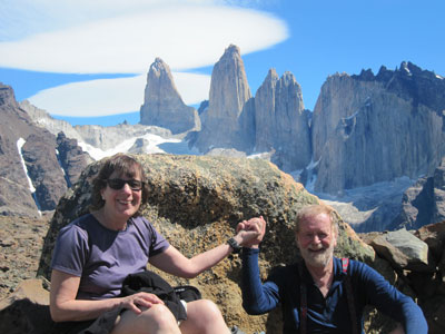 Nili and Jerry hiking in Torres del Paine, Chile.