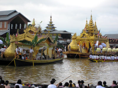 Golden boats at the Phaung Daw U Festival on Lake Inle.
