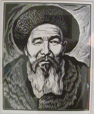 A woodcut by Kyrgyzstan’s well-known artist Theodor Herzen