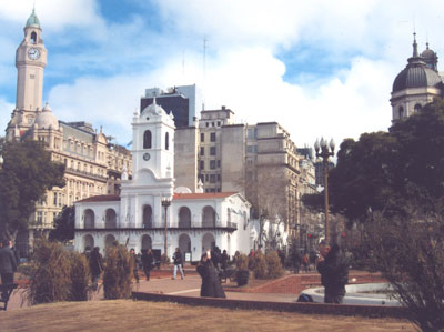 The Cabildo (center, fore) is one of a few colonial-era buildings left in Buenos Aires.