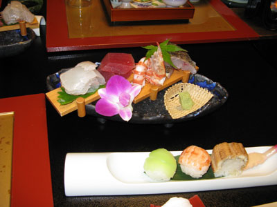 Sashimi appetizers and ingredients for a “cook your own” soup at the ryokan Yukibou Hakusen.