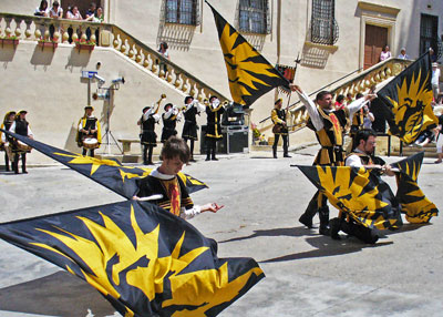 A performance of flag bearers; Gozo, Malta.