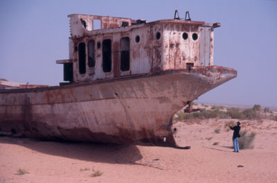 A ship abandoned in the now-dry Aral Sea.