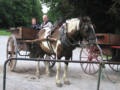 Barbara and Ed McMahon take a ride in an Irish jaunting cart.