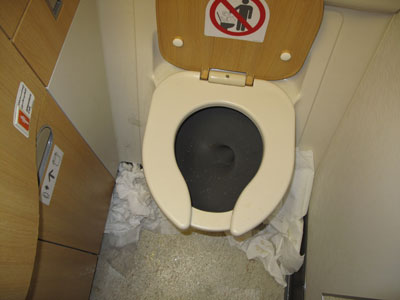 Toilet tissue and paper towels on the floor of the “more usable” bathroom for much of my Emirates flight. Photo by Kathryn Jones