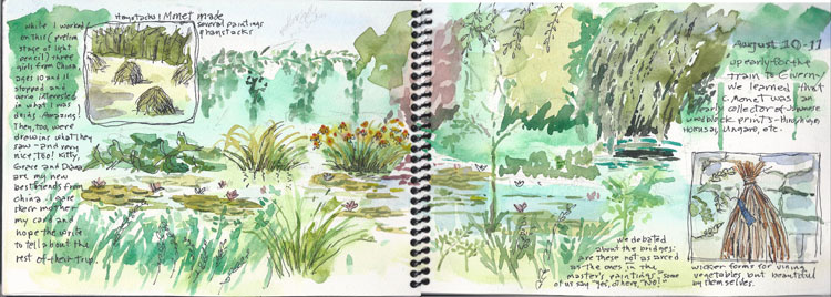 The gardens at Giverny; note the example of how I draw in small compartments for “surprises” I encounter that might be connected to the general, larger sketch.