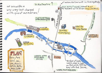 I left the first page in my sketchbook blank and later drew this map of some of the high points from our Paris visit.
