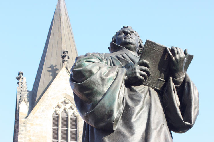 Martin Luther, patron saint of Erfurt, looks over his spiritual home.