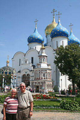 Wanda and Ray Bahde at the Dormition Cathedral in the Trinity Lavra of St. Sergius in Sergiyev Posad, Russia.