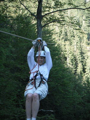 Joanne Kuzma ziplining in Bovec, Slovenia.