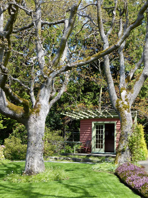 The lawn leads to the summerhouse — Abkhazi Garden, Victoria, BC, Canada.