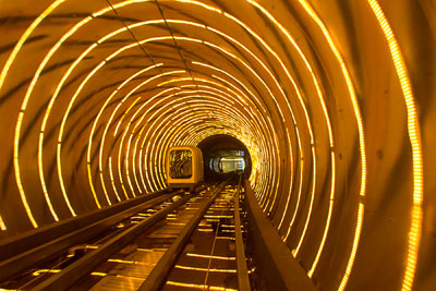 The lighted tunnel on our tram ride in Shanghai.