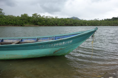 One of the boats moored at the harbor in Nuquí.