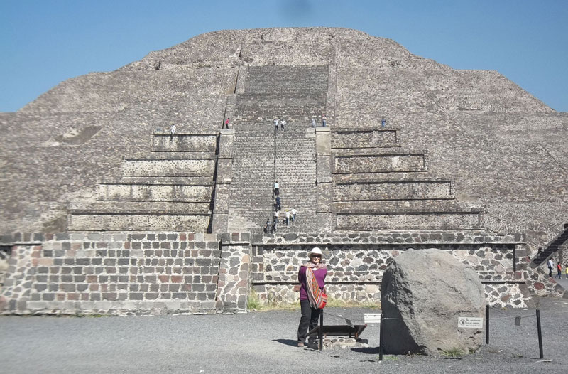 Judy Licata in front of the Pyramid of the Moon at the north end of the Avenue of the Dead at Teotihuacán.
